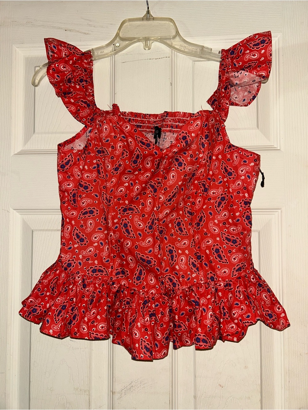 Red Paisley Ruffle Sleeve Women's Top
